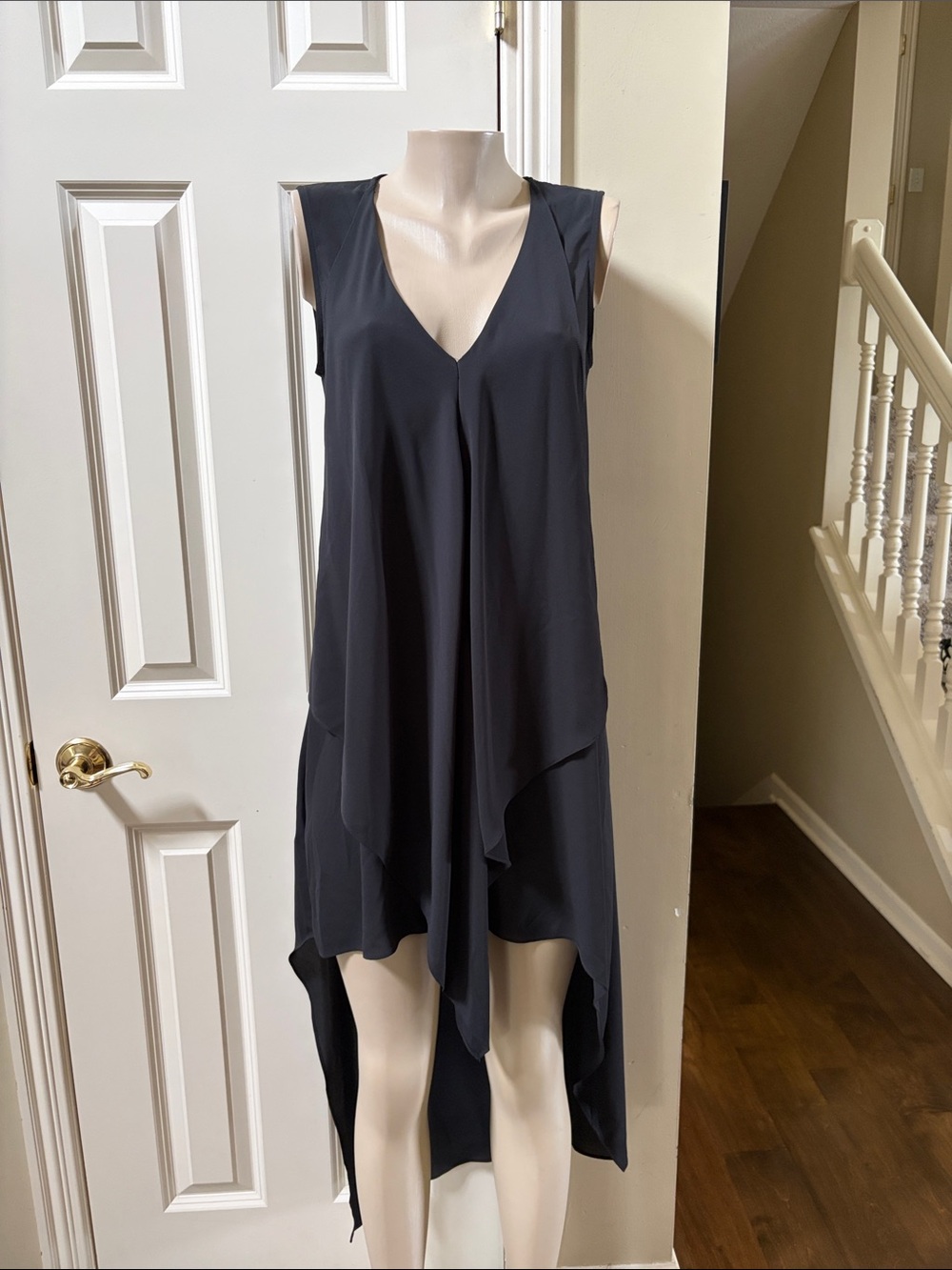 BCBGMaxAzria Black Sleeveless V-Neck Asymmetrical Handkerchief Hem Dress